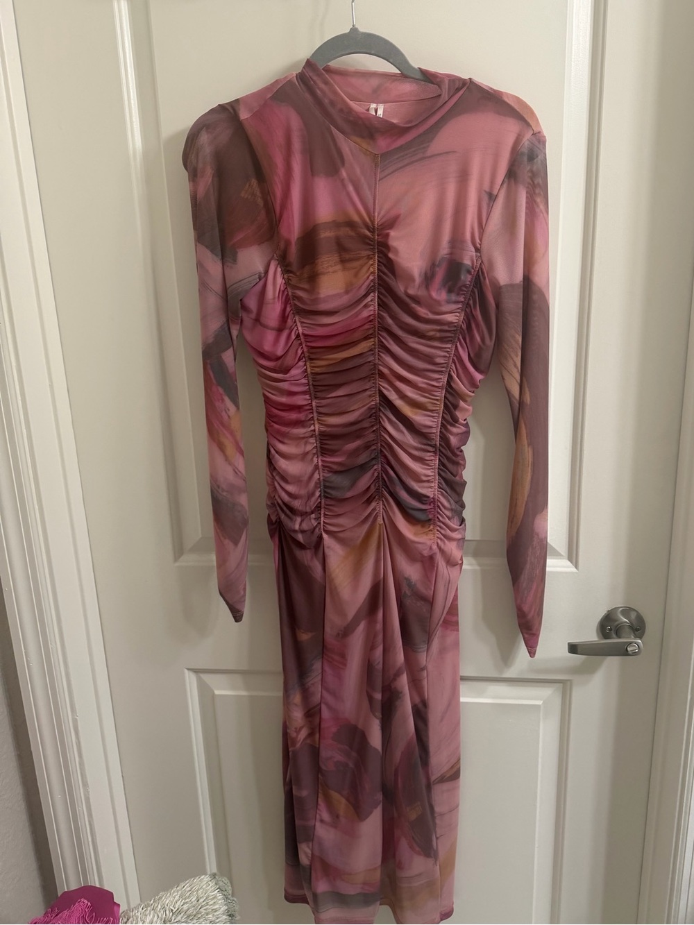Anthropologie Pink Marble Ruched Long-Sleeve Midi Dress